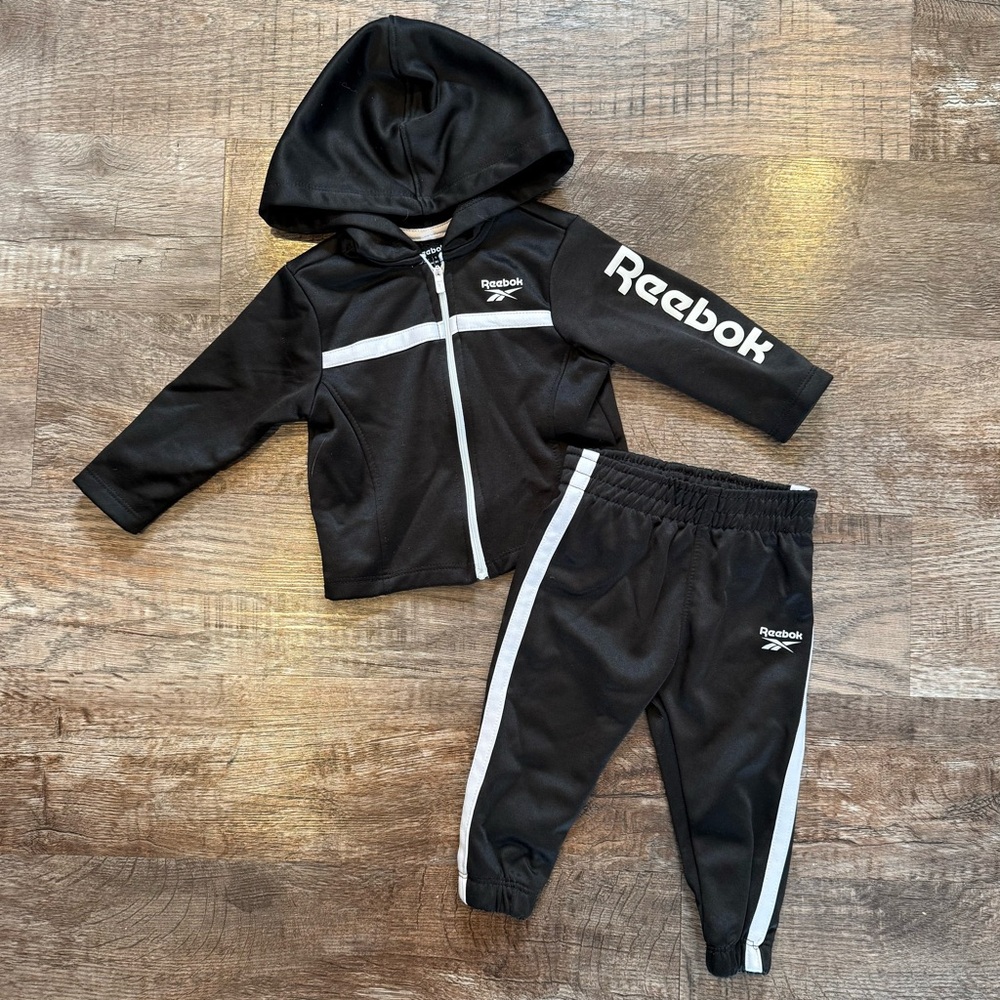 Reebok Two Piece Black Hoodie Jogger Track Outfit Black and White 12 Months